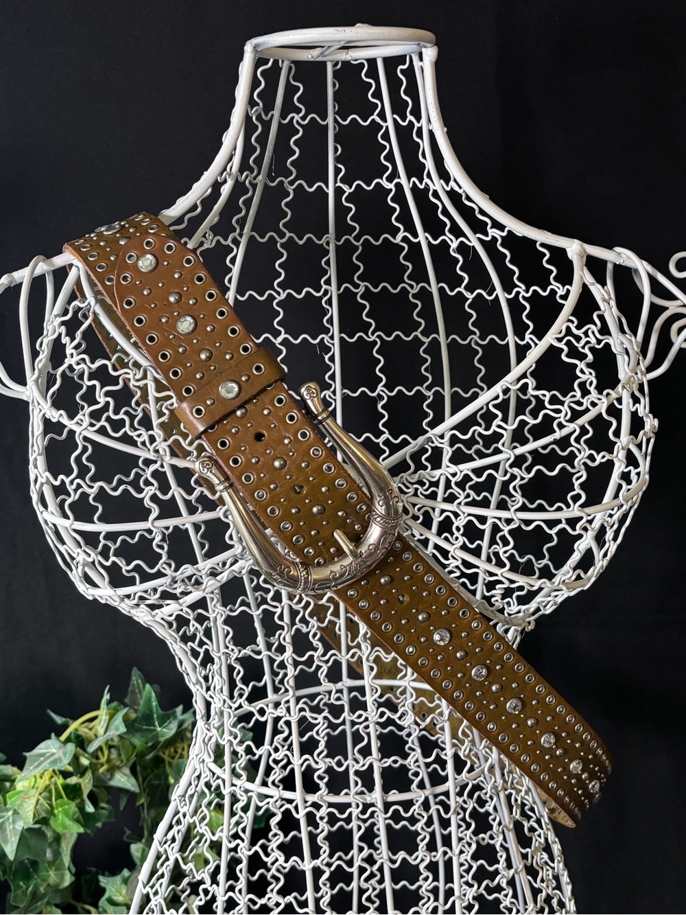 Fossil Brown Leather Belt with Rhinestones Ornate Silver Buckle Western Medium